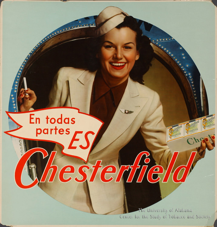 Spanish language Ad for Chesterfield featuring a smiling flight attendant en todas partes es Chesterfield