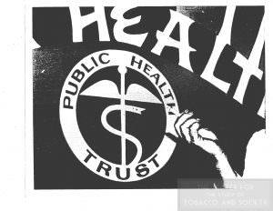 Photo of Hand with cigarette in front of public health trust insignia