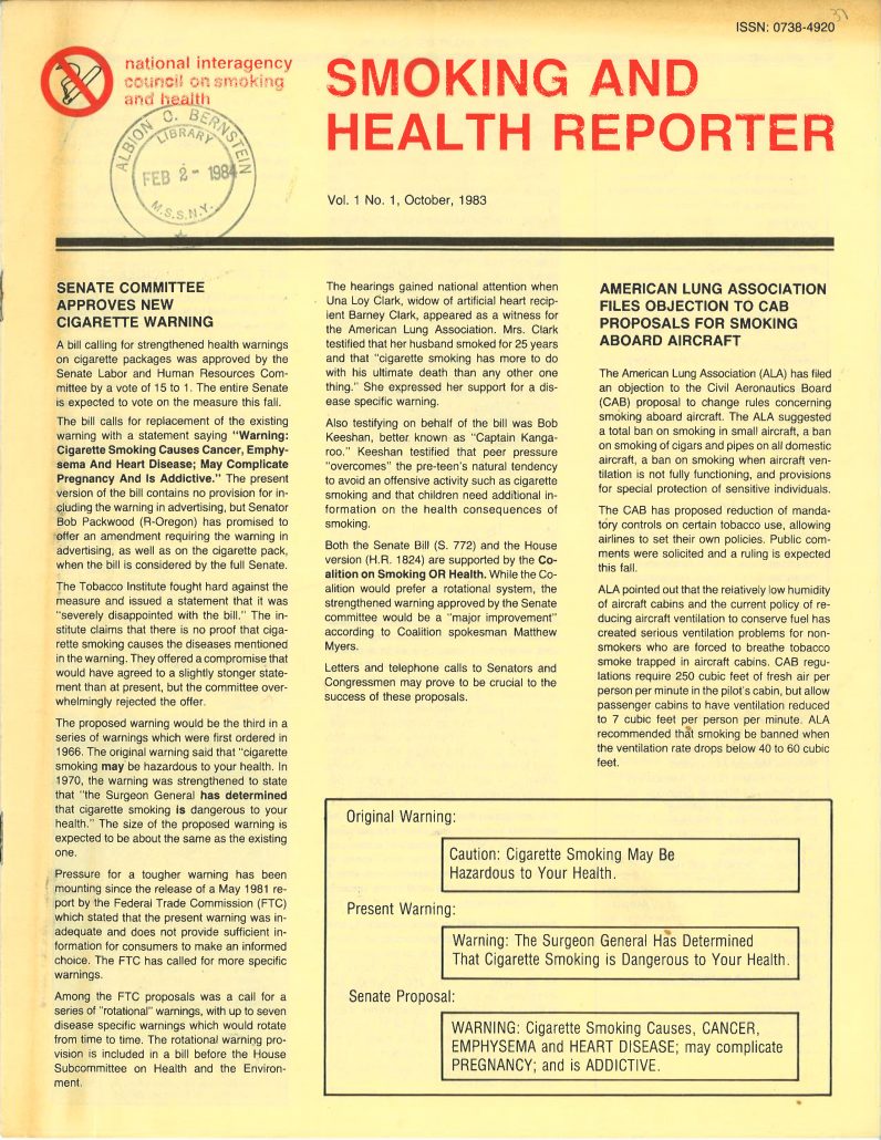 1983 Smoking and Health Reporter ACS related front page