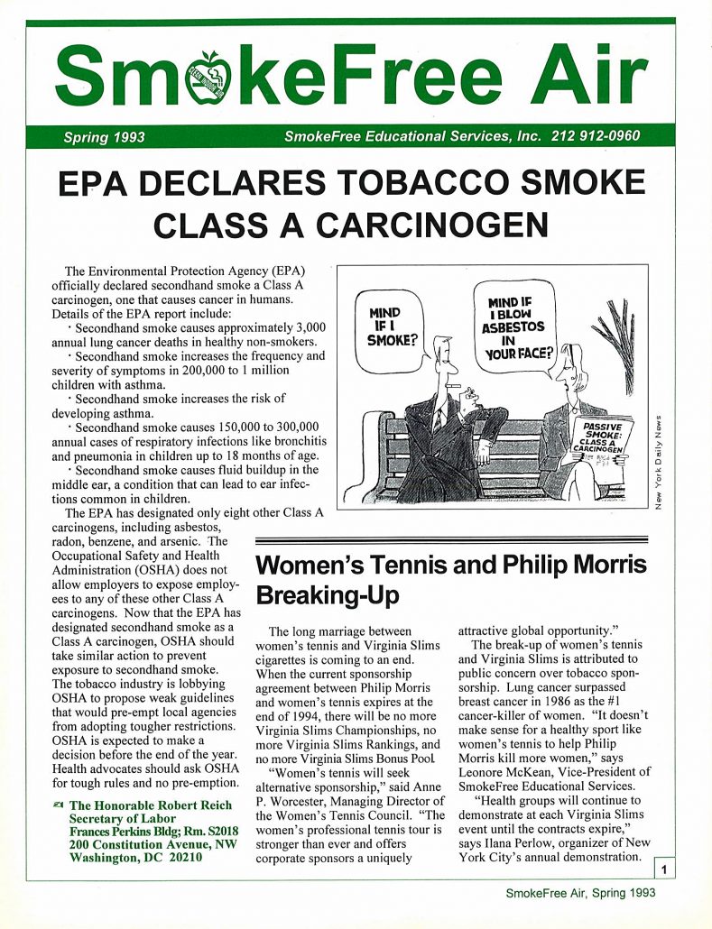 1998 SmokeFree air Tobacco Smoke Carcinogen
