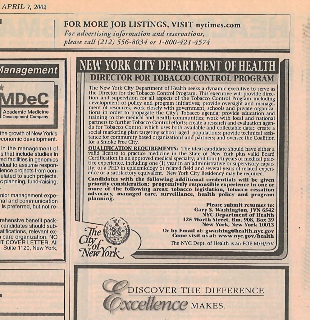 2002 NYC Department of Health job ad