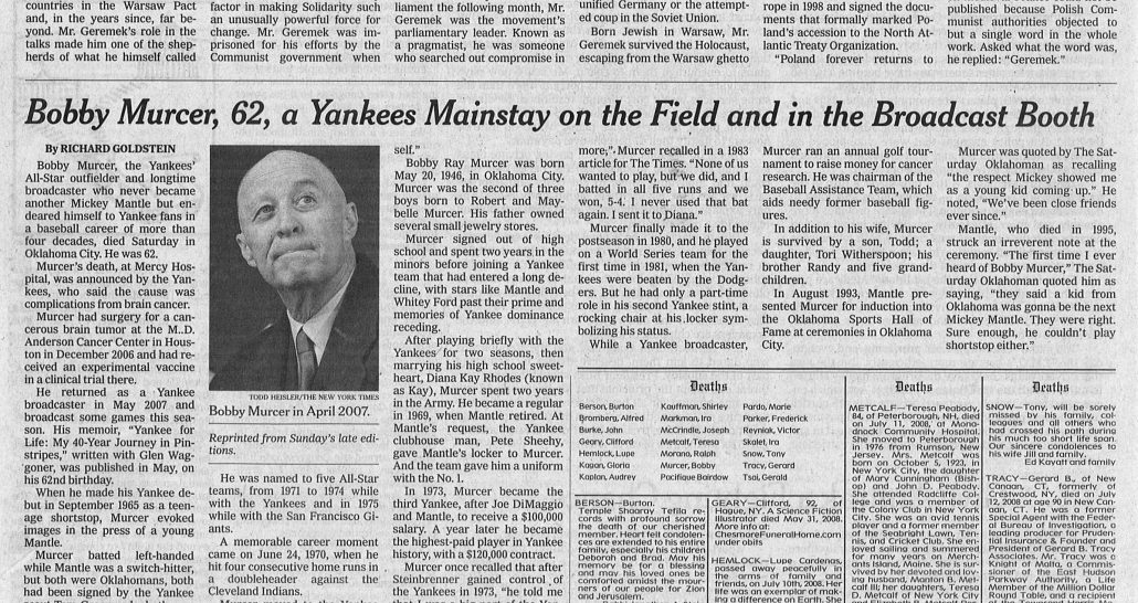 2008 The New York Times Bobby Murcer Obituary