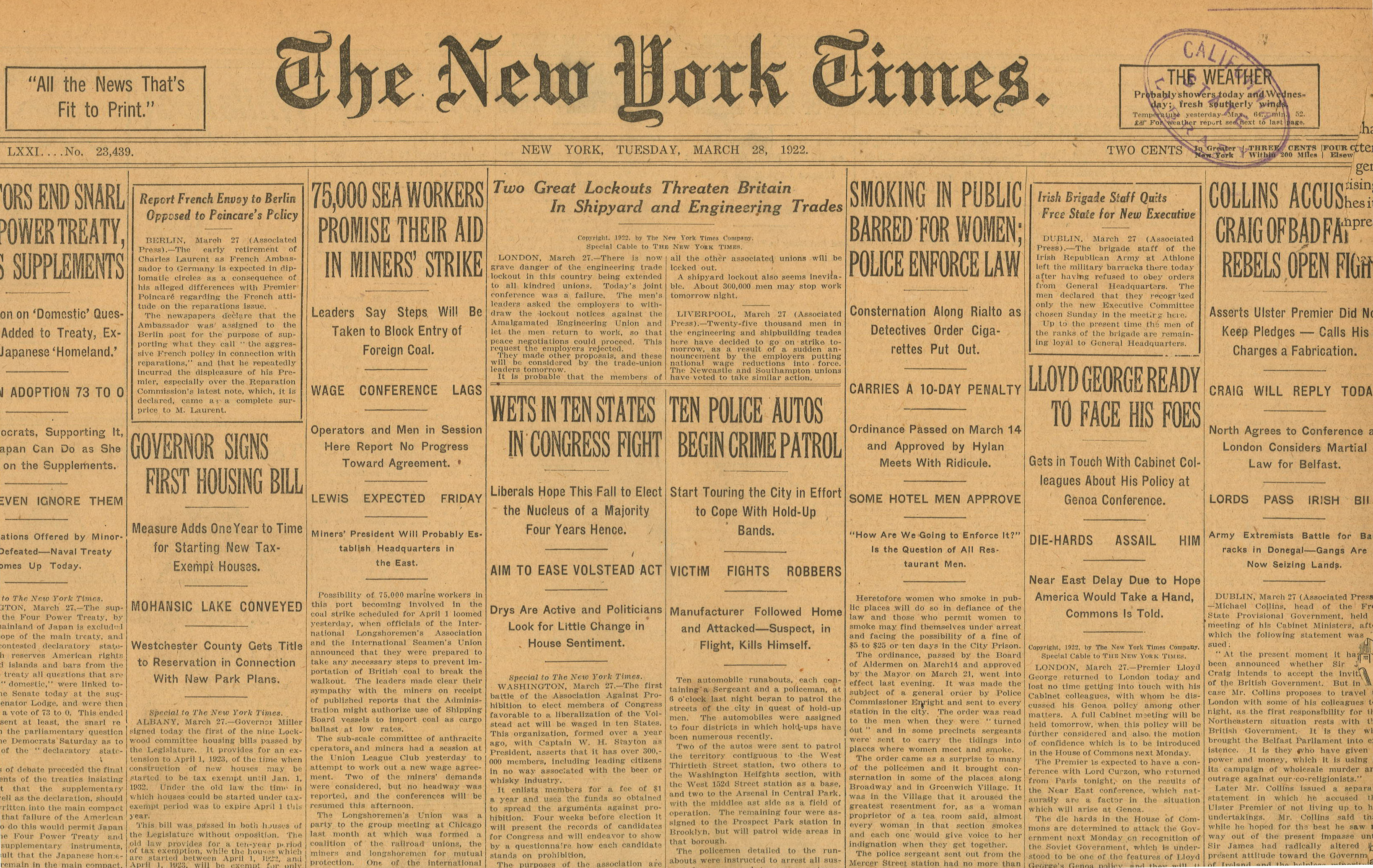 1922 NY Times Smoking in Public Barred for Women