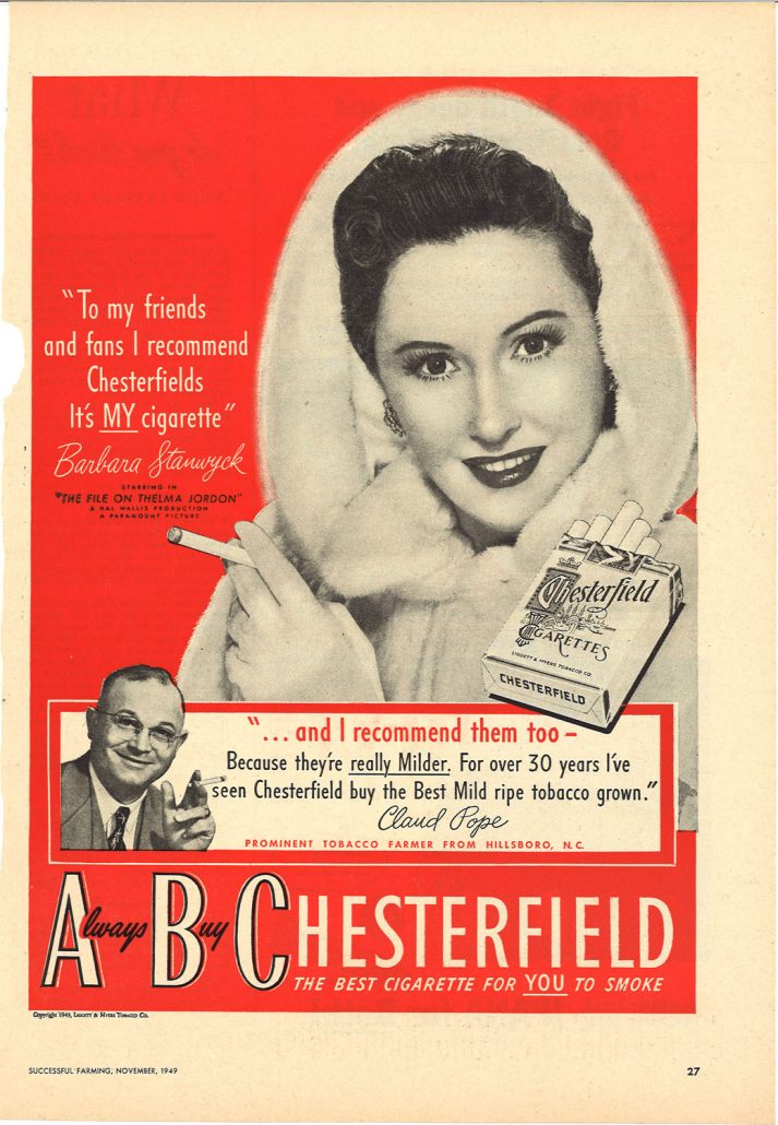 1949 11 Successful Farming Barbara Stanwyck for Chesterfield