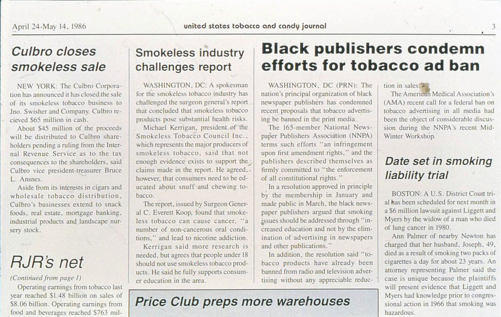1986 US Tobacco Candy Journal Black Publishers Condemn Efforts