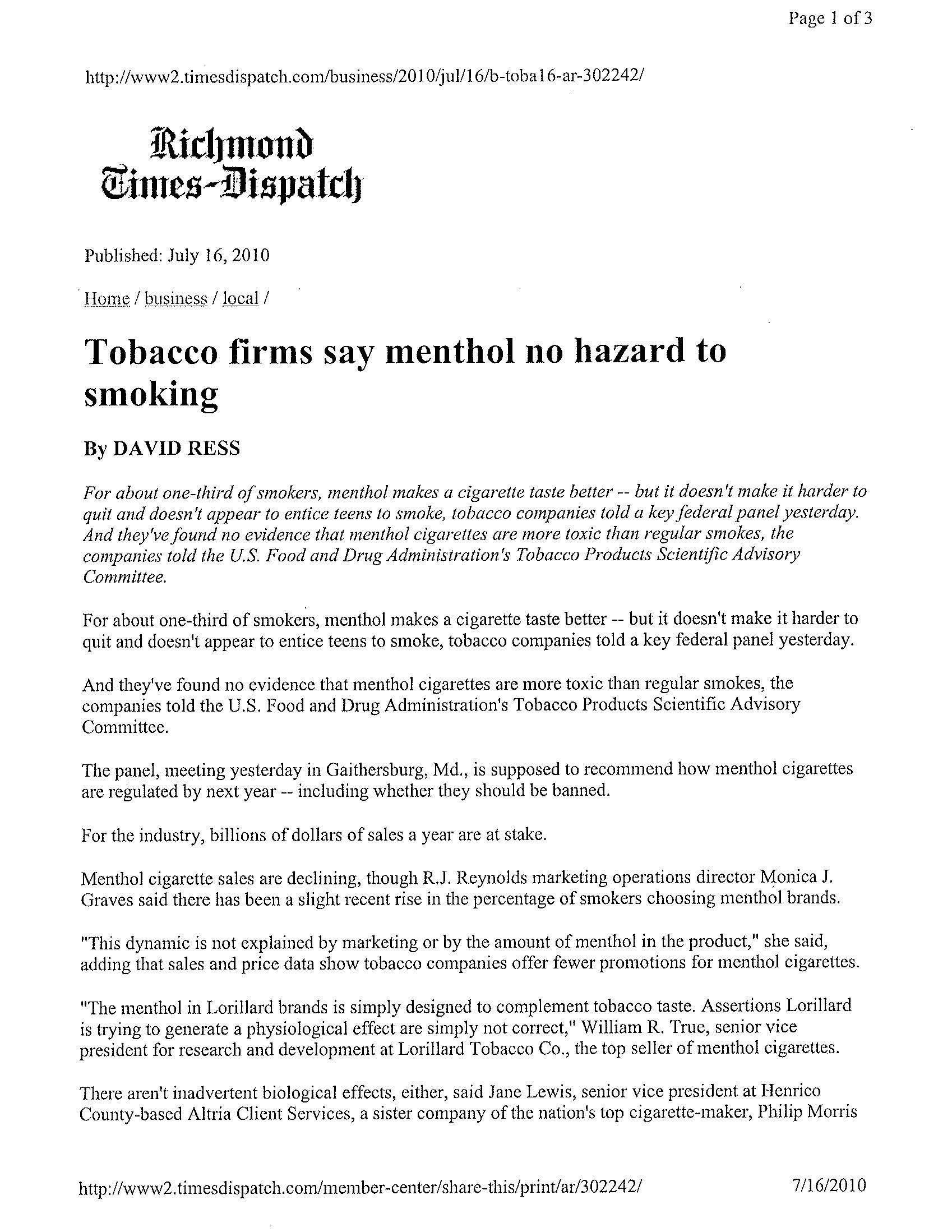 2010 Richmond Times Dispatch Tobacco Firms Say Menthol No Hazard Pg 1