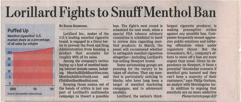 2011 01 05 WSJ Lorillard Fights to Snuff Menthol Ban Pg 1