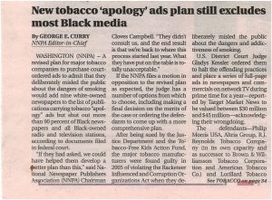 2014 NY Amsterdam News Tobacco Apology Ad Excludes Most Black Media Pg 1