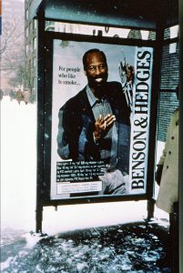 1990 BH Ad at NYC Bus Stop Black Trumpeter