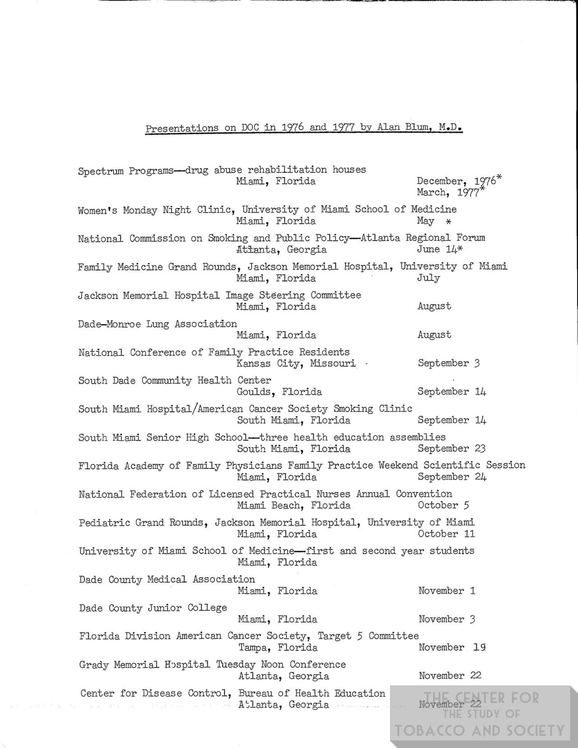 1976 1977 List of AB Presentations on DOC