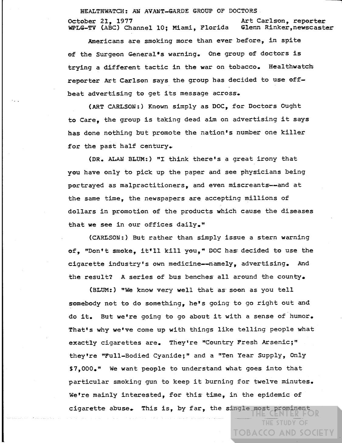 1977 10 21 WPLG TV Transcript An Avant Garde Group of Drs