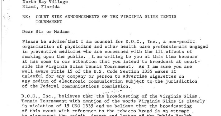 1977 12 09 Ira Kurzban to WIOD Radio Station VA Slims Tournament Protest
