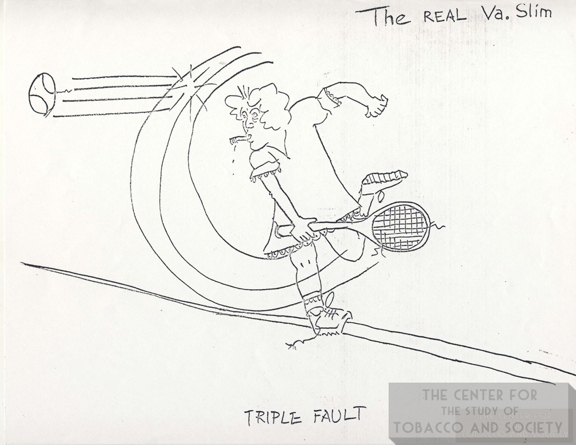 1977 Drawing of Smoking Tennis Player VA Slim Triple Fault wm