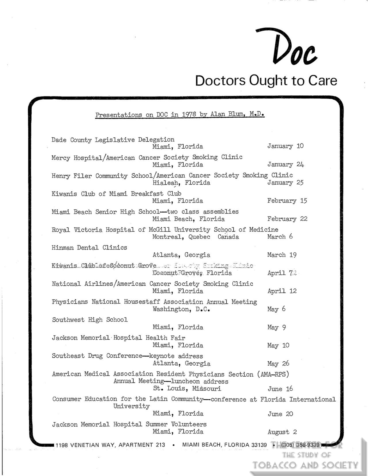1978 List of AB Presentations on DOC