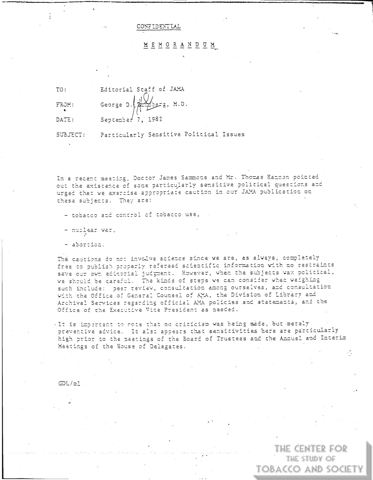 1982 09 07 George Lundberg to JAMA Editorial Staff Sensitive Political Issues