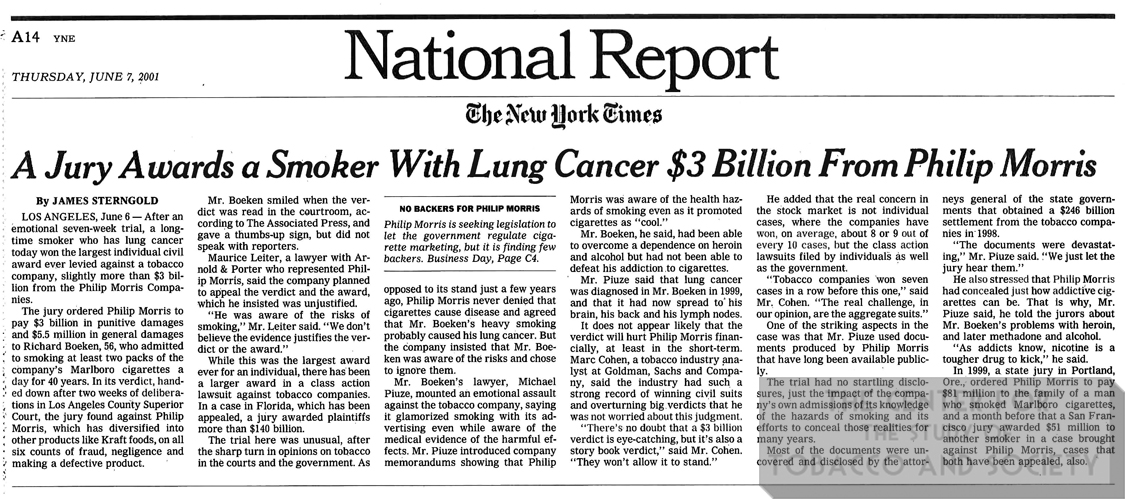 2001 07 07 The New York Times A jury awards a smoker with lung cancer 3 billion from Phillip Morris