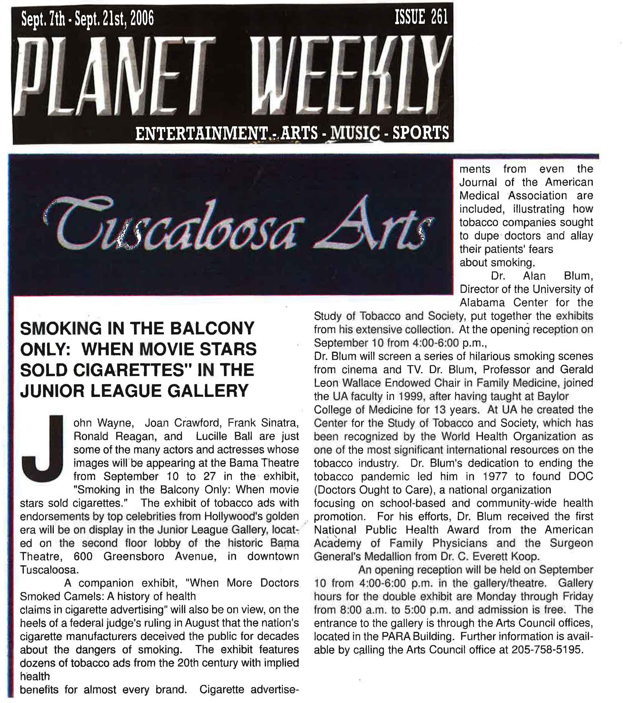2006 Planet Weekly Tuscaloosa Arts Smoking in the Blacony Only in the junior league gallery