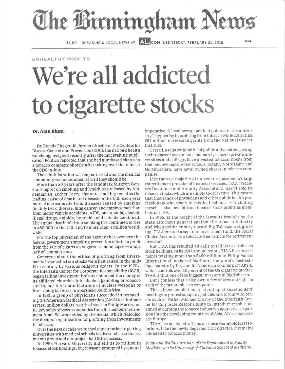 2018 02 21 Alan Blum The Birmingham News Were all addicted to cigarette stocks