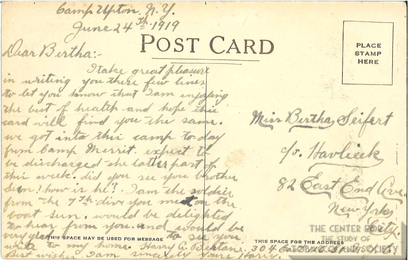 1919-06-24 – Fatima – Postcard (Rear) Harry Beltan to Bertha Seifert ...