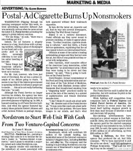1999-08-25 - The Wall Street Journal - Glenn Burkins - Postal-Ad Cigarette Burns Up Non Smokers