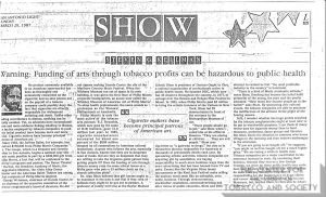 1987 - Commentary on Tobacco Sponsorship of the Arts by Stephen Kellman, San Antonio Light