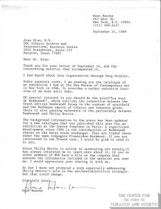 1989 - Artist Hans Haacke letter to AB - Times article on his artwork Helmsboro