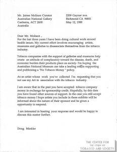 1998-05-12 - Letter form Artist Doug Minkler to Director of Australian National Gallery on tobacco sponsorship of the arts
