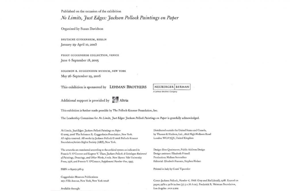 2006 - Solomon R. Guggenheim Museum -Altria - Jackson Pollock No Limits, Just Edges (Sponsor Page)