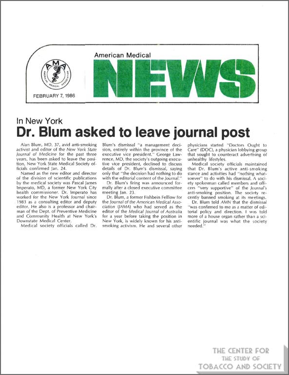 1986-02-07- AM News - Dr. Blum Asked to Leave Journal Post