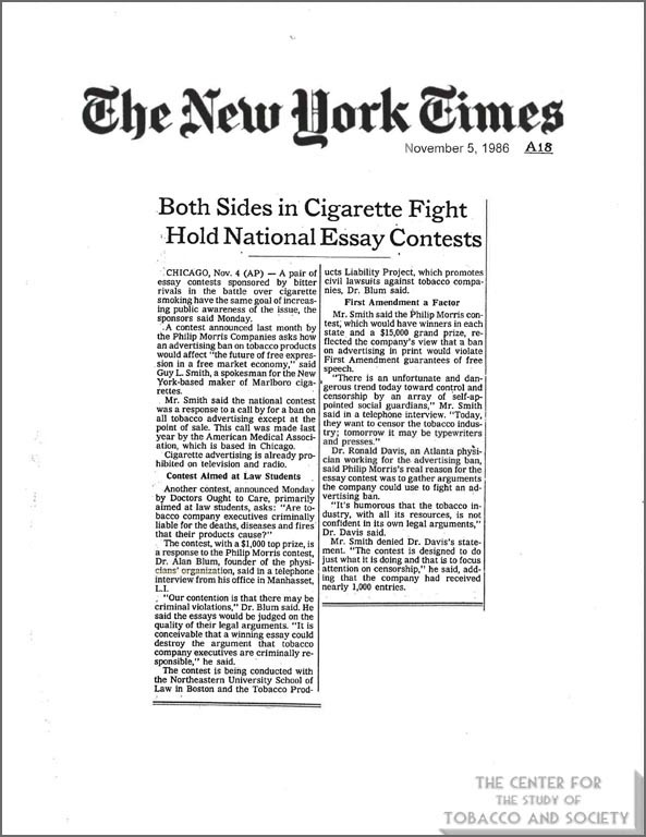 1986-11-05- NY Times - Both Sides in Cig Fight Hold Essay Contests