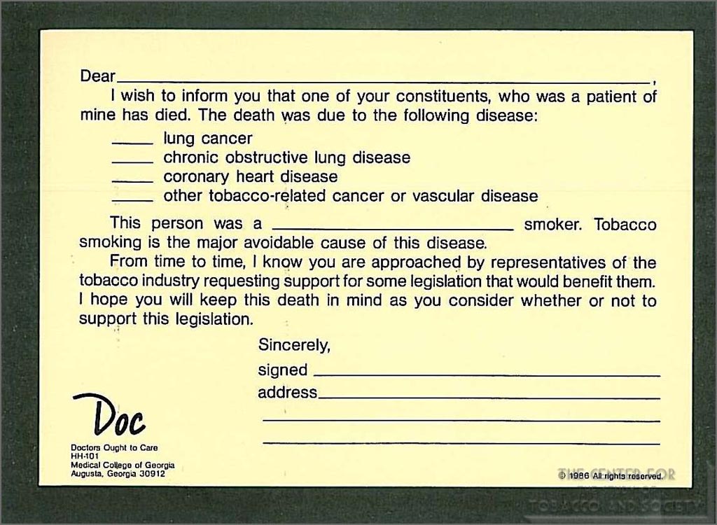 1986- 'One of Your Constituents Died' Card
