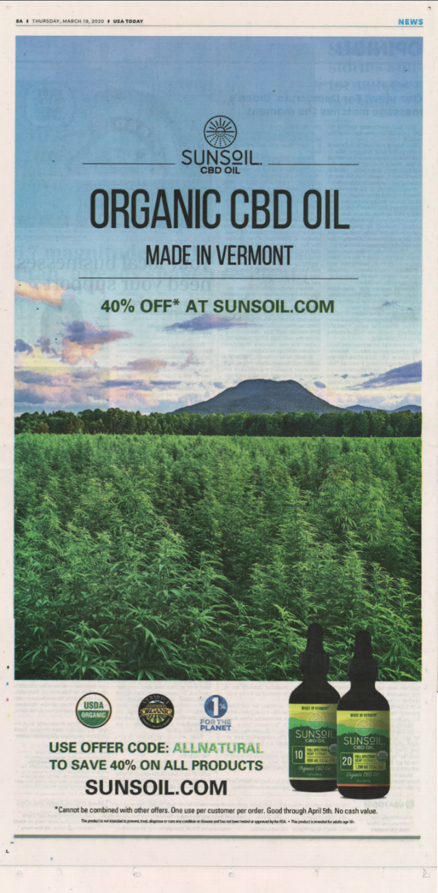 This full-page ad with 40% off coupon code for CBD oil appeared in USA Today